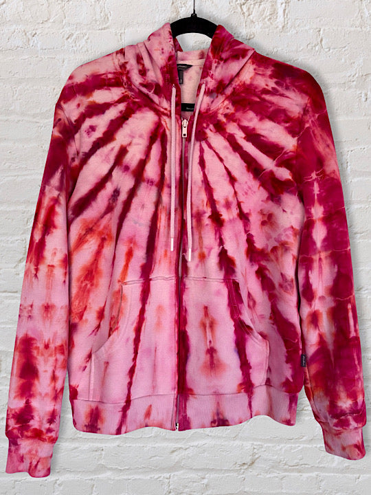 Tie Dye Zip Up Fleece Hoodie - Pink - Small