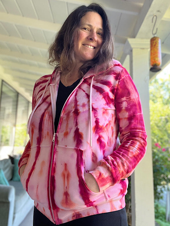 Tie Dye Zip Up Fleece Hoodie - Pink - Small