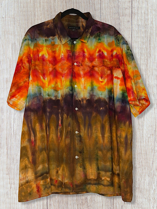 Tie Dye Short Sleeve Men's Button Down Shirt - Rainbow Stripe - XL