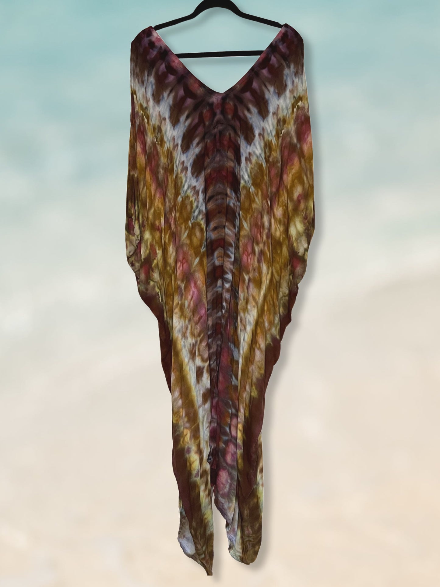 Tie Dye Cold Shoulder Kaftan - Earth Plum - One Size