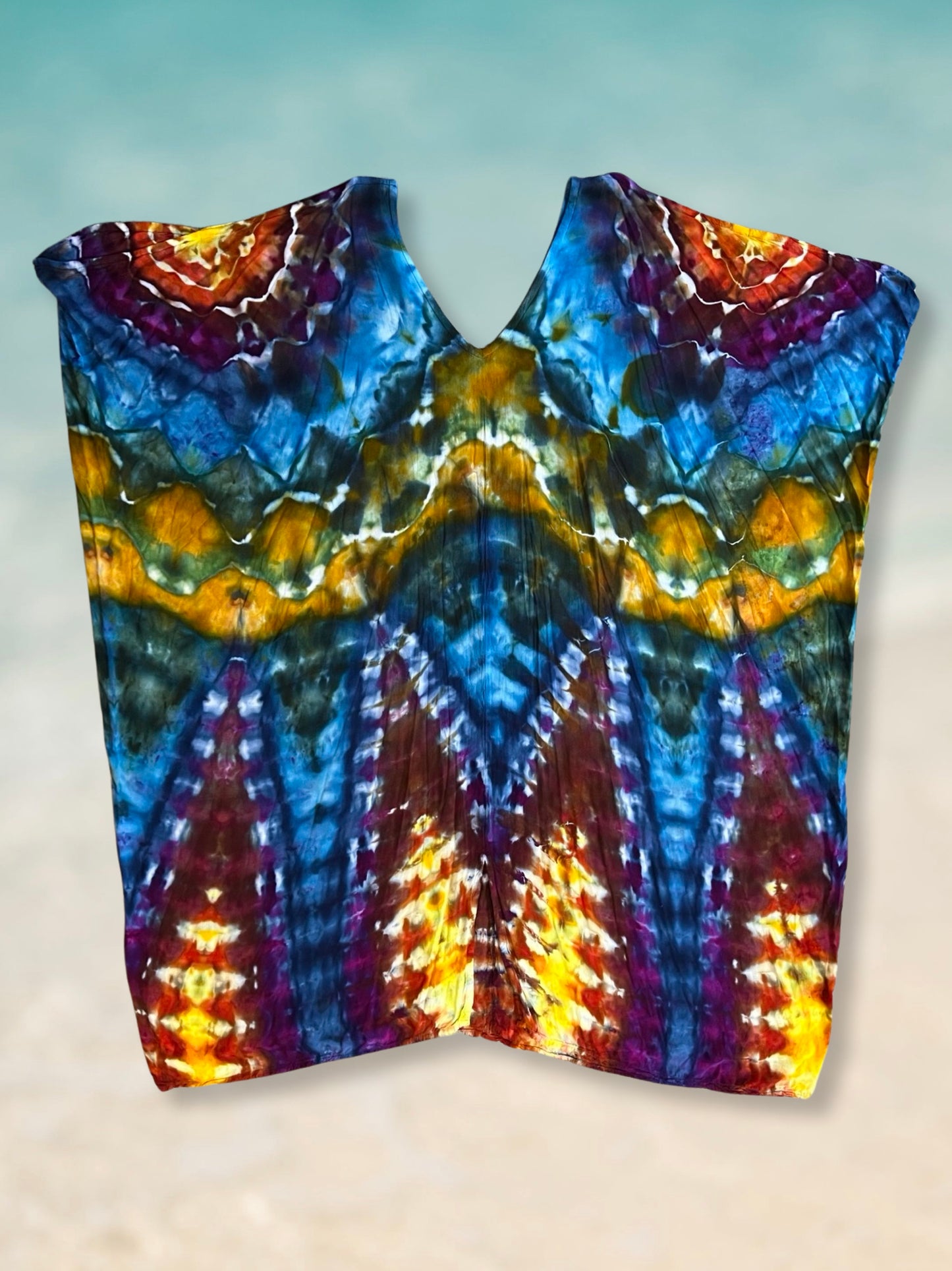 Tie Dye Cold Shoulder Kaftan - Rich Rainbow - One Size