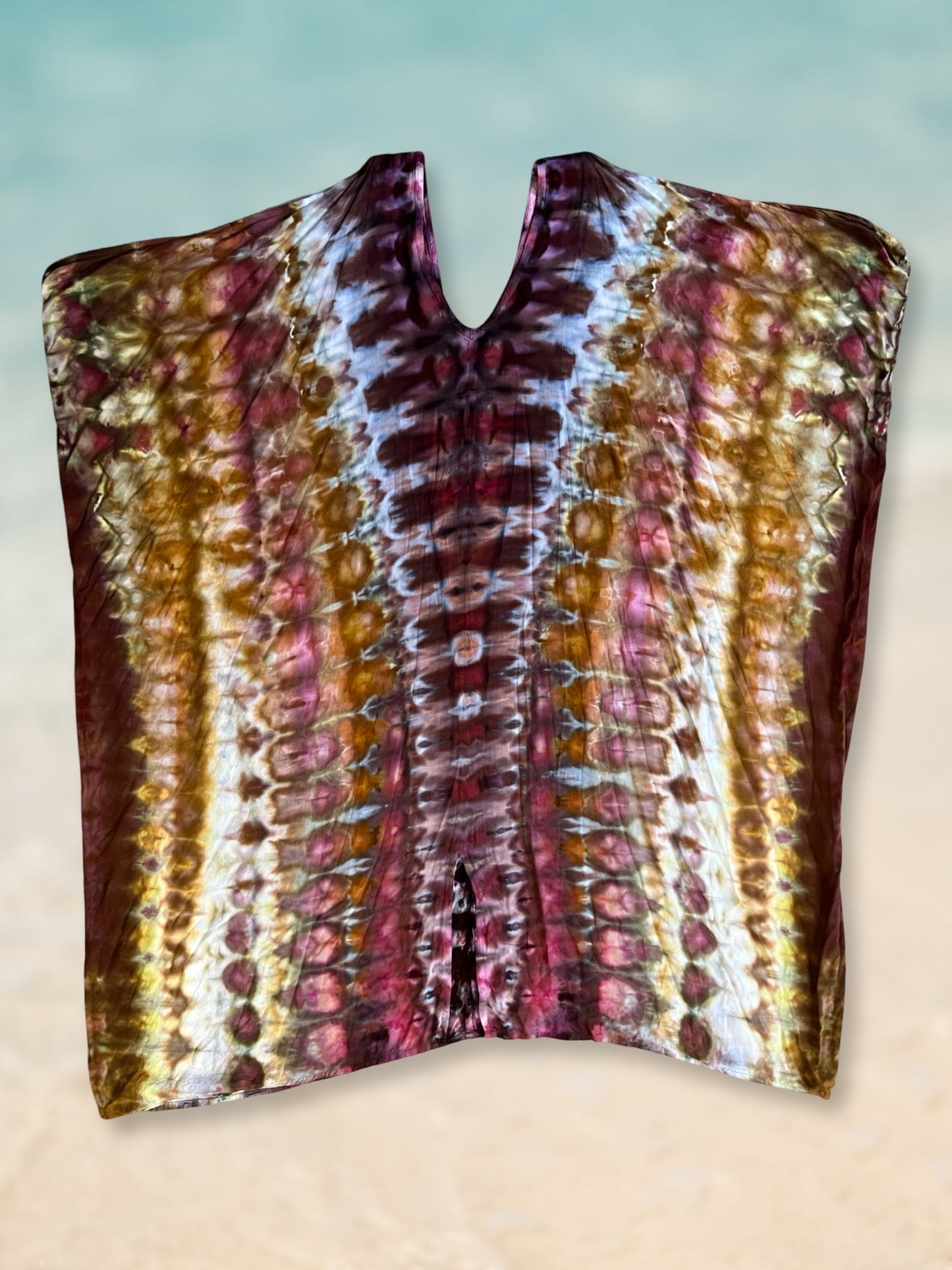 Tie Dye Cold Shoulder Kaftan - Earth Plum - One Size