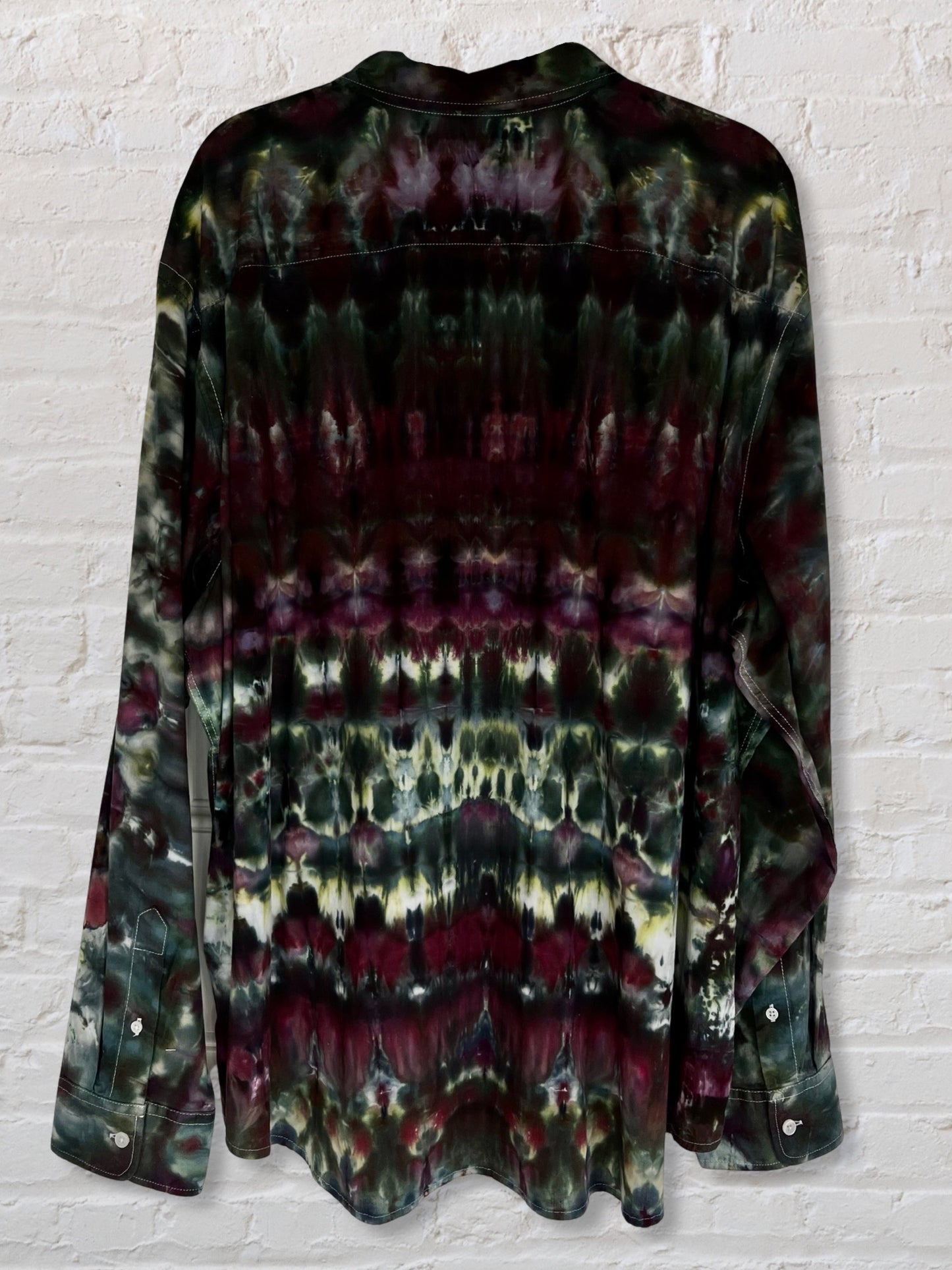 Tie Dye Long Sleeve Men's Button Down Shirt - Deep Plum Forest - XXXL