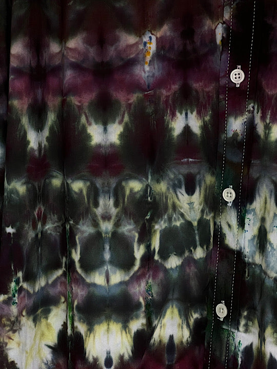 Tie Dye Long Sleeve Men's Button Down Shirt - Deep Plum Forest - XXXL