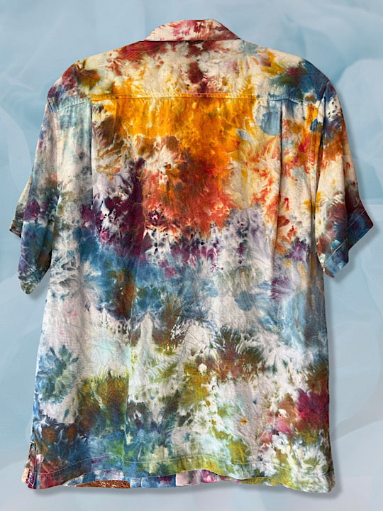 Tie Dye Short Sleeve Men's Button Down Shirt - Rainbow Silk Bloom - Large