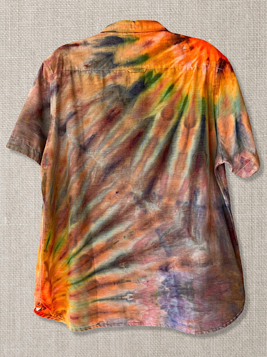 Tie Dye Short Sleeve Men's Button Down Shirt - Sunrise Fan - XL