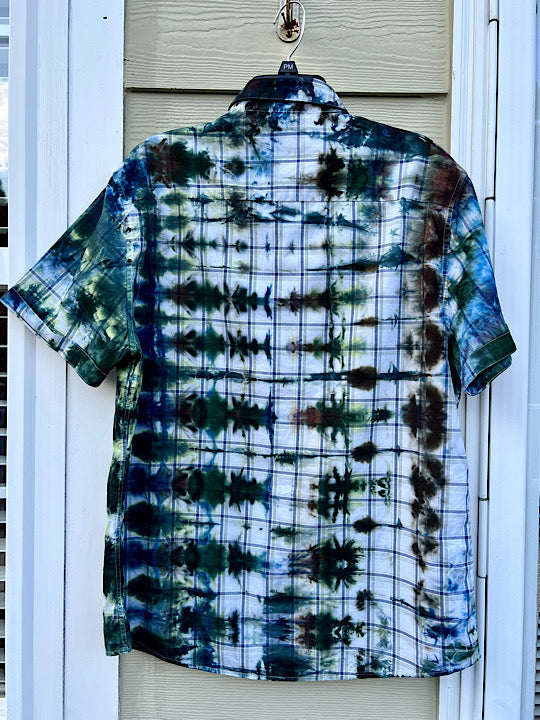 Tie Dye Short Sleeve Men's Shirt  Green Grids - L