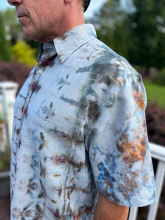 Tie Dye Short Sleeve Men's Linen Blend Shirt - L