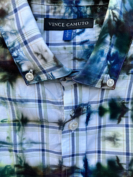 Tie Dye Short Sleeve Men's Shirt  Green Grids - L