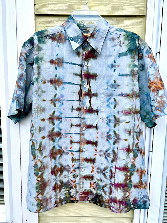 Tie Dye Short Sleeve Men's Linen Blend Shirt - L