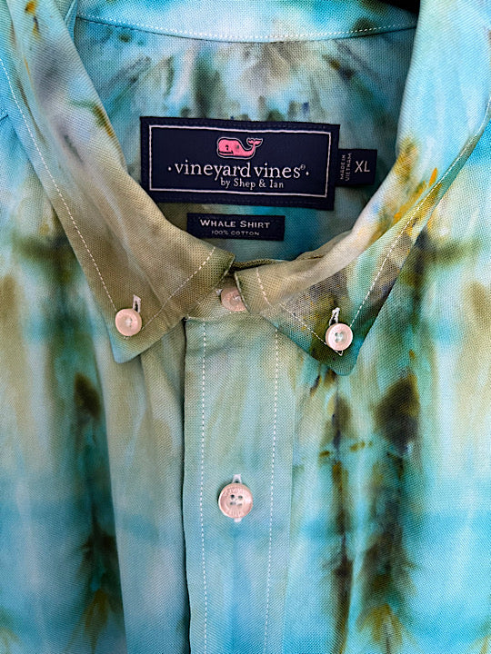 Tie Dye Long Sleeve Men's Button Down Shirt - Ocean Breeze - XL