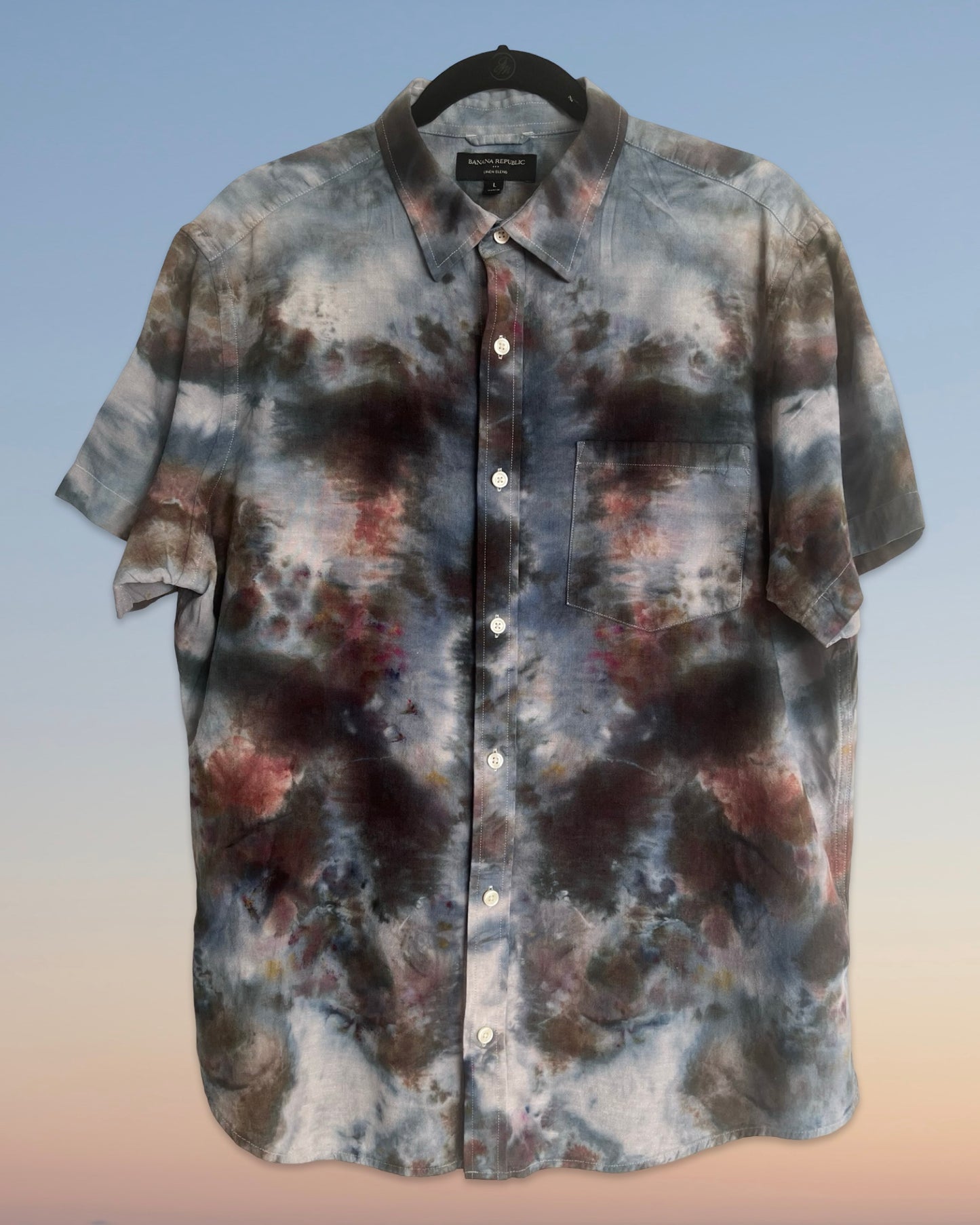 Tie Dye Short Sleeve Men's Button Down Shirt - Large