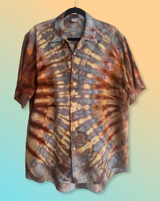 Tie Dye Short Sleeve Men's Button Down Shirt - L