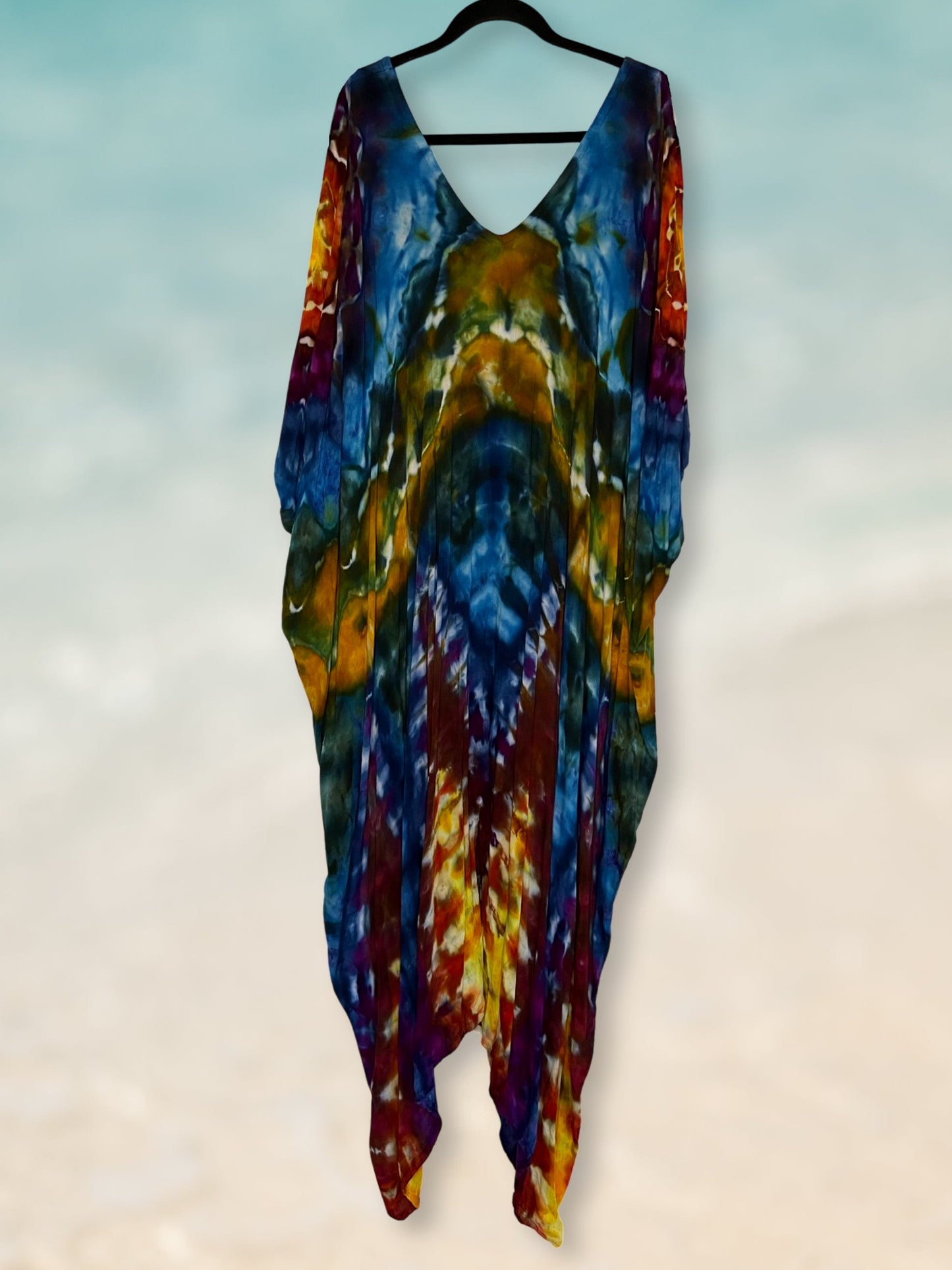 Tie Dye Cold Shoulder Kaftan - Rich Rainbow - One Size