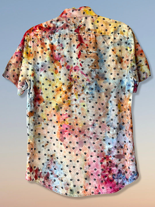 Tie Dye Short Sleeve Men's Button Down Shirt - Rainbow Watercolor - Small