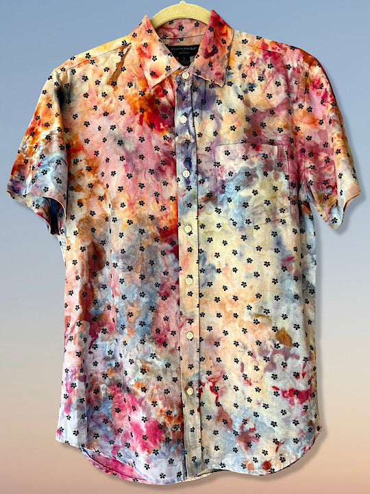 Tie Dye Short Sleeve Men's Button Down Shirt - Rainbow Watercolor - Small