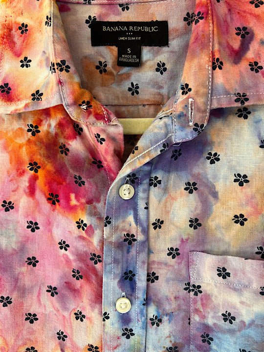 Tie Dye Short Sleeve Men's Button Down Shirt - Rainbow Watercolor - Small