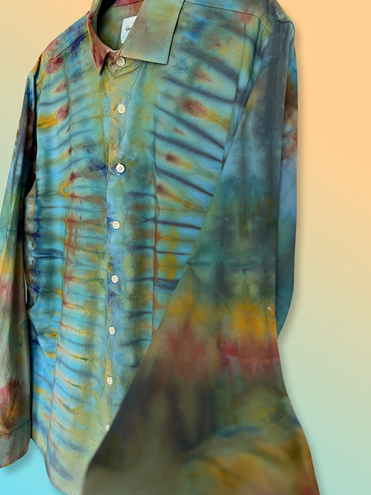 Tie Dye Long Sleeve Men's Dress Shirt - Tropical Fans - Large