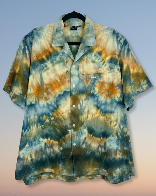 blue and gold ice dyed button down short sleeve shirt extra large front