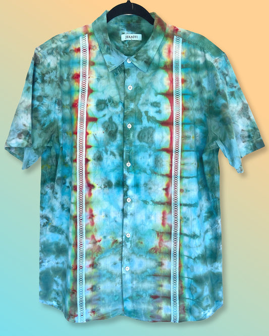 ice dye guayabera size large linen blue and orange front