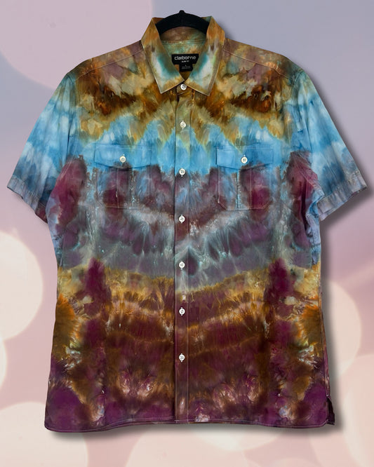 ice dye two pocket button down short sleeve blue maroon gold large front