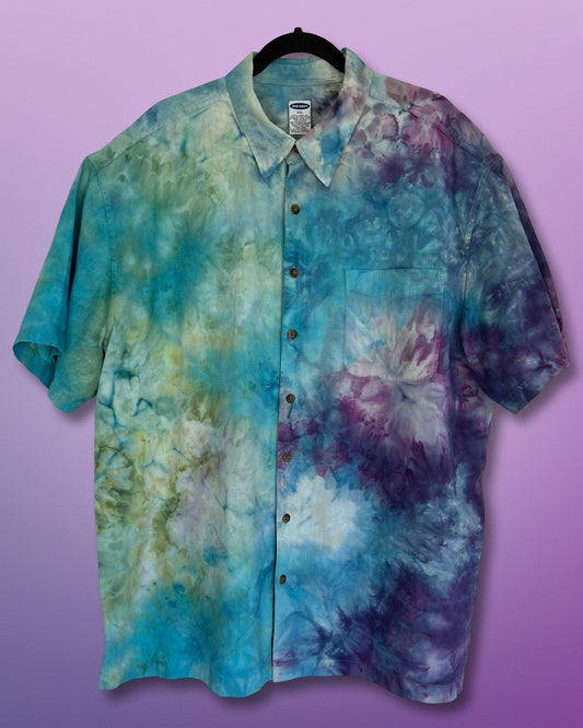 ice dyed blue purple green short sleeve button down shirt 2xl front