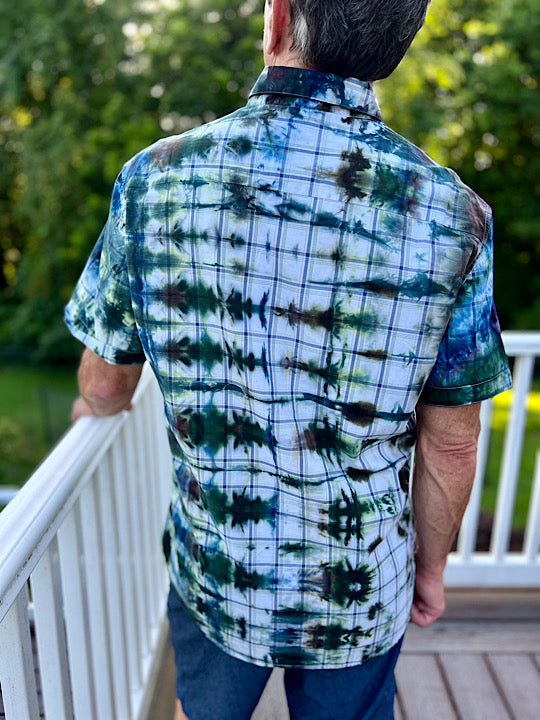 Tie Dye Short Sleeve Men's Shirt Green Grids - L