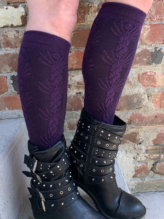 Asherah Plum Cable Knit Texture Knee High Socks