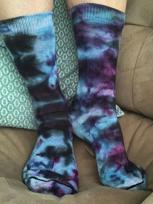 Bright blues and reddish purple ice dyed organic cotton below calf socks
