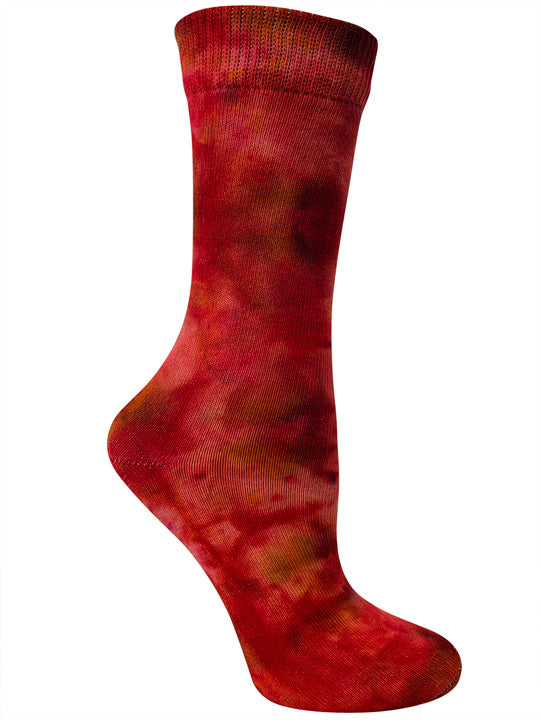 bright red tie dye sock with orange and golden accents