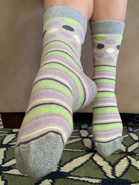 Light colored dots and striped below calf socks