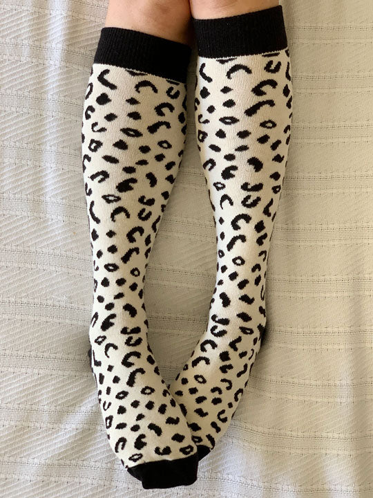 black and white leopard print knee high socks organic cotton