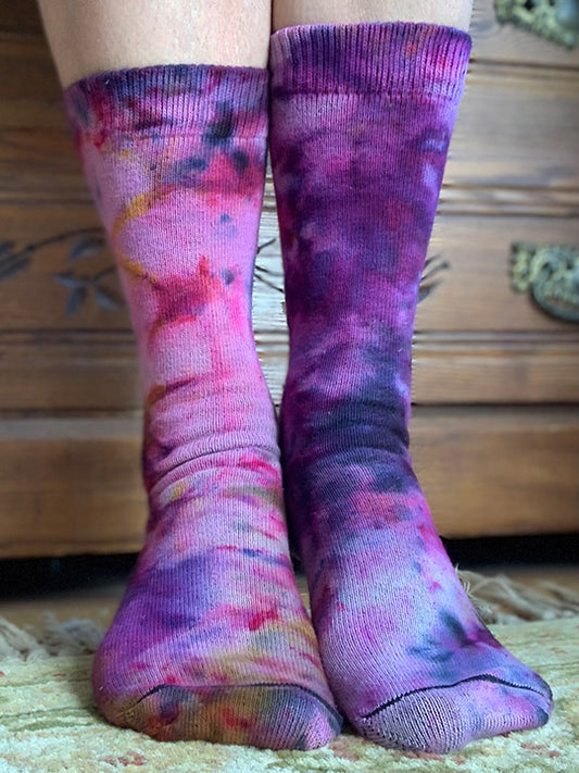 purple tie dye organic cotton crew socks for women or men