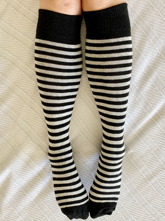 black and white organic cotton striped knee high socks