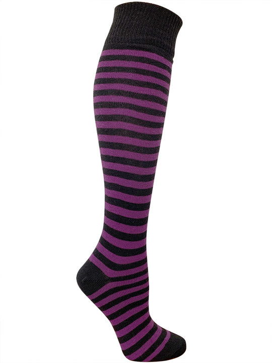 Purple and black striped knee high sock in organic cotton
