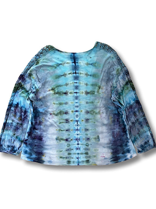 Tie Dye Long Sleeve Lace Trim Tunic - Caribbean Blue - 3x