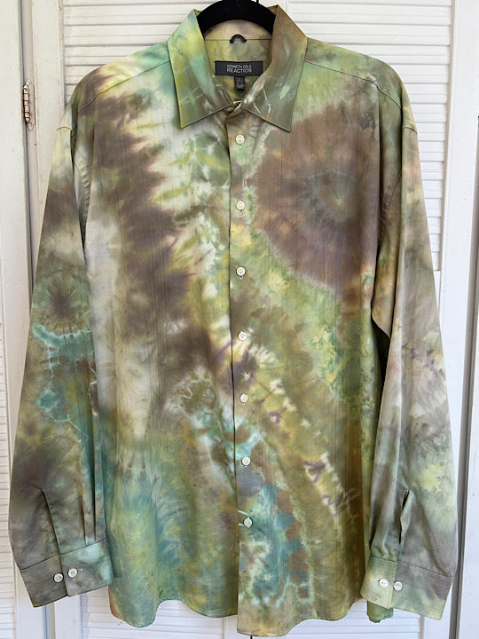 Tie Dye Long Sleeve Men's Button Down Dress Shirt - Gold Geode - L