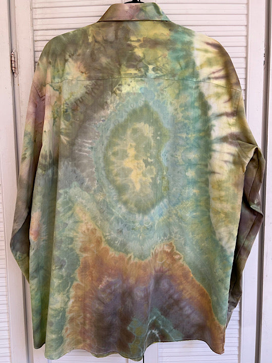 Tie Dye Long Sleeve Men's Button Down Dress Shirt - Gold Geode - L