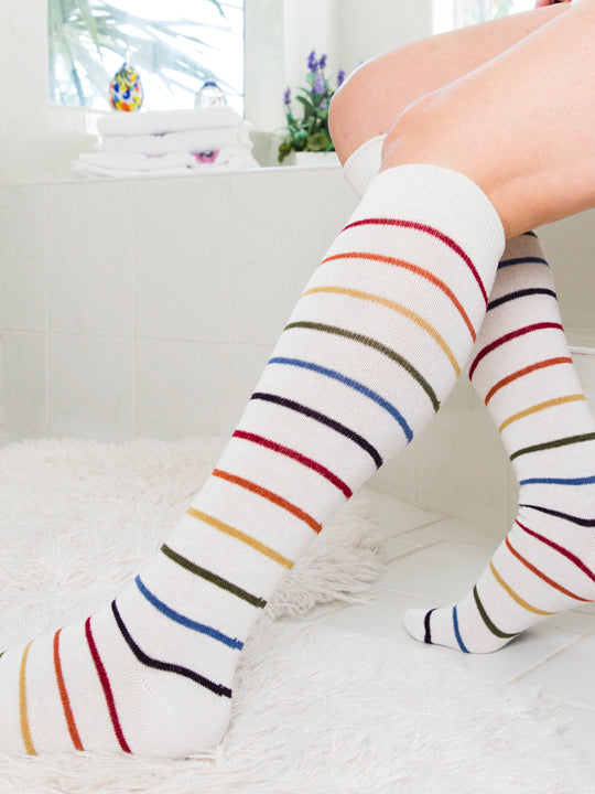 White Light Rainbow Striped Knee High Socks